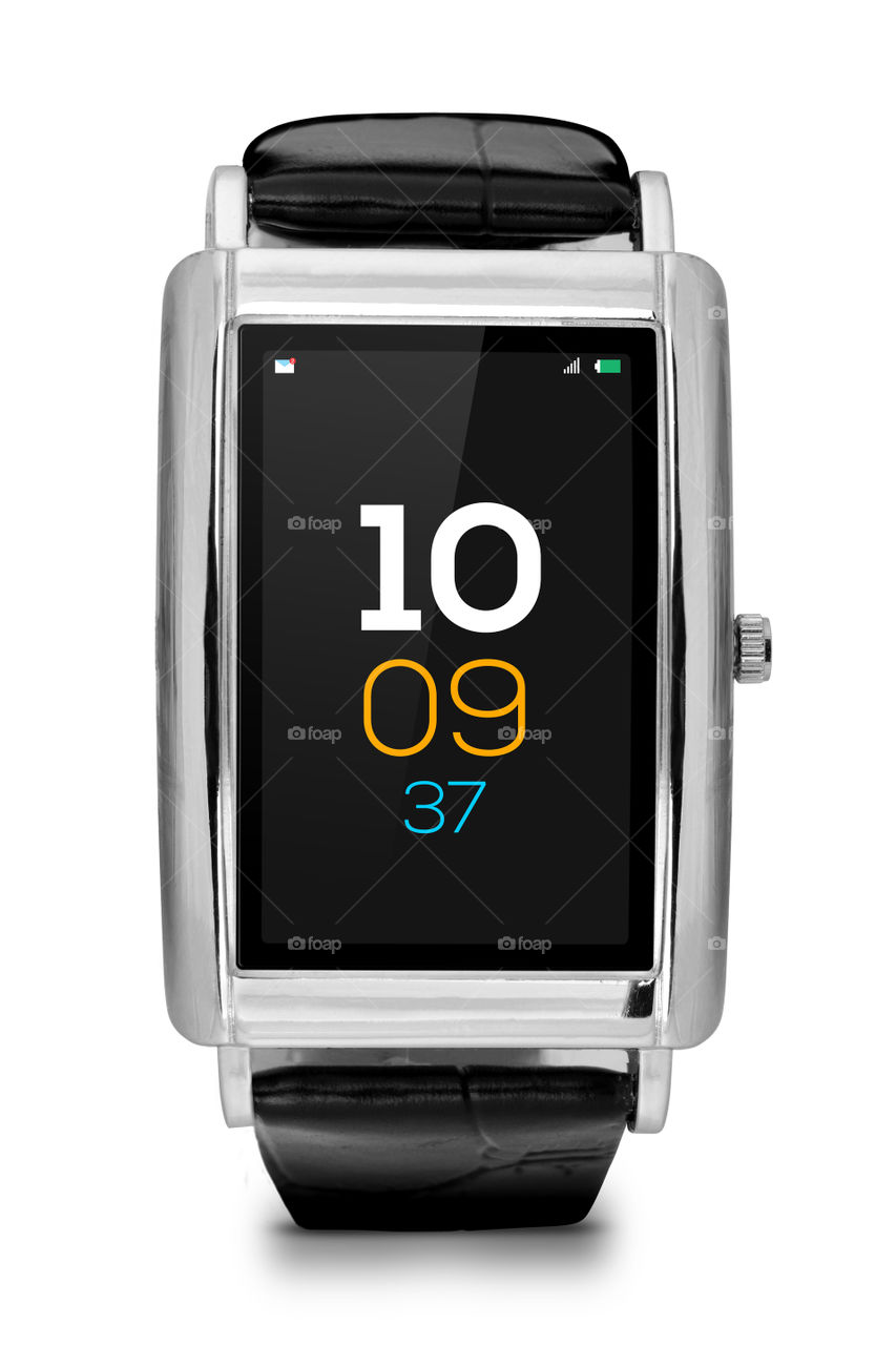 Modern touchscreen smart watch on white background