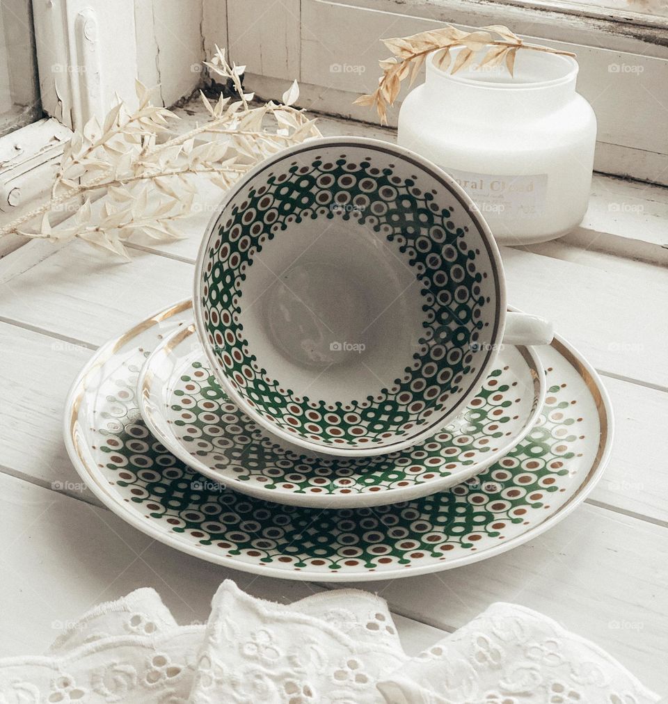 Vintage porcelain tea trio with old green dots pattern 