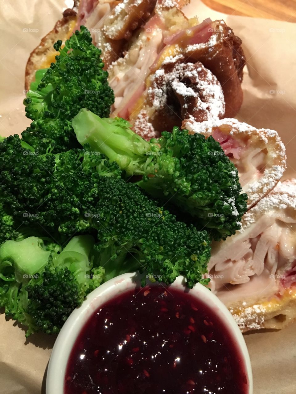Steamed Broccoli and Monte Cristo with Raspberry Dipping Sauce 