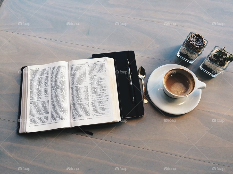 Bible coffee and some succulents.