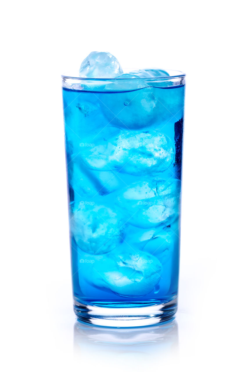 blue drink with ice cubes