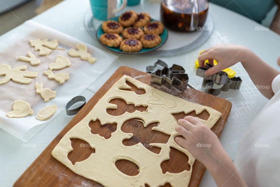 Food photo top view on cookie dough I'm on the table baking in molds