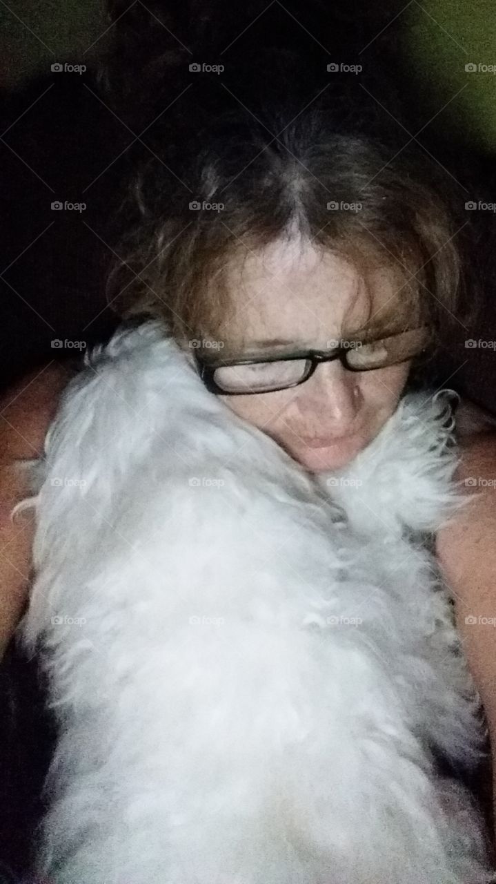 my scared dog hugging me