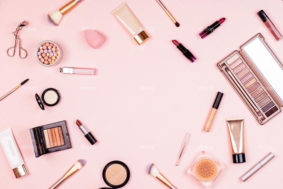 Makeup products flat lay 