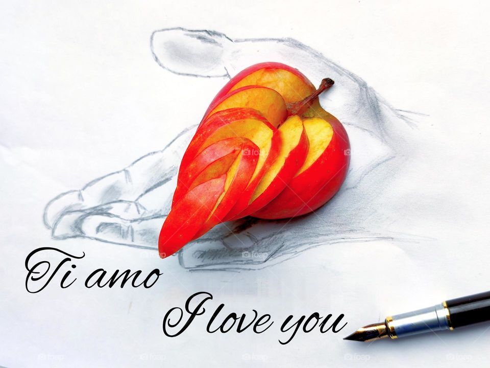 Symbol of love. A man's hand is drawn on a white sheet with a black pencil.  On the hand lies a red apple in the shape of a heart.  Under the drawing of the hand lies an ink pen.  The sheet has the inscriptions: "I love you" in Italian and in English