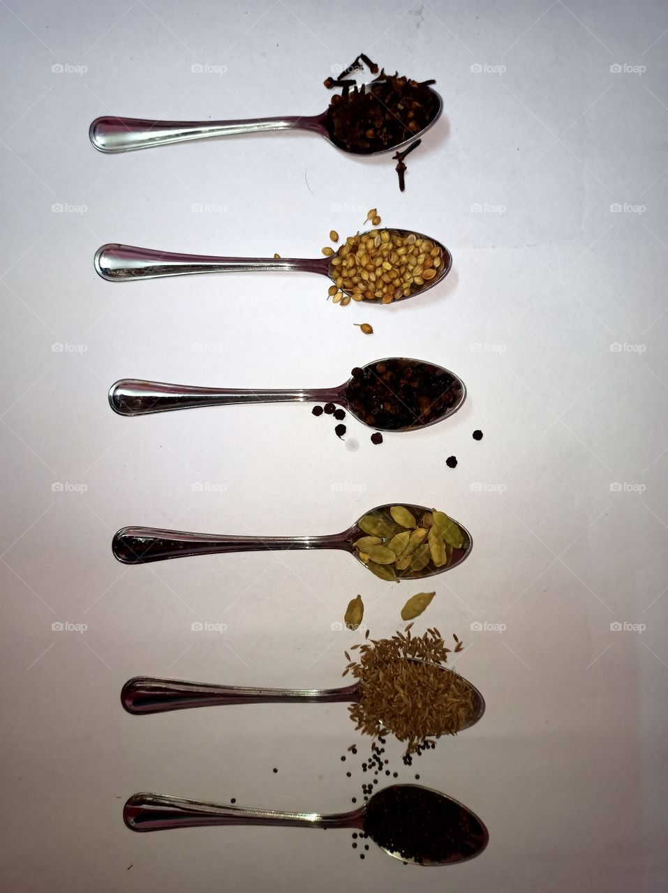 spices arranged in a order, bird's eye view,
with it's texture, colour and Aroma