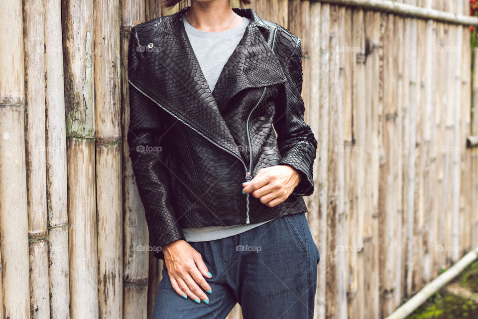 fashionable python leather jacket.