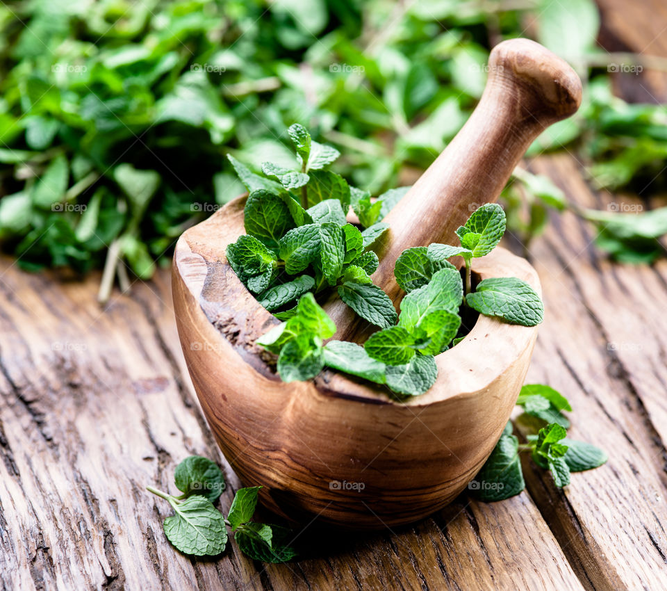 Mint herb in mortar and pestles