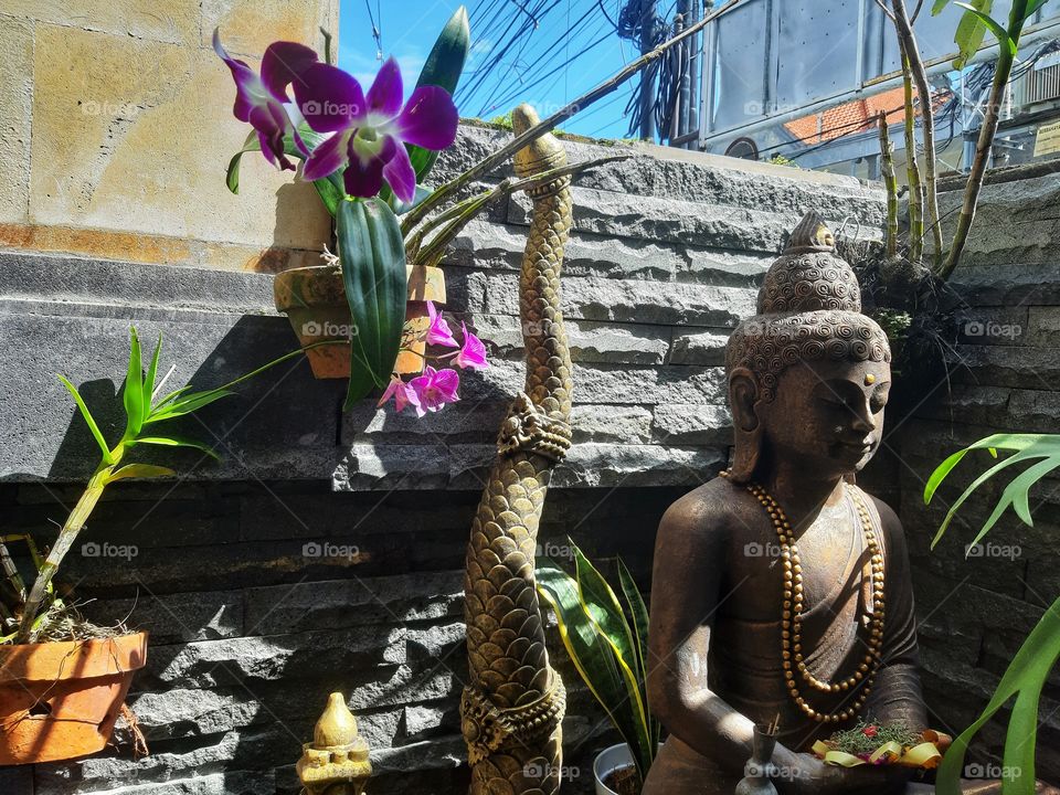 Buddha statue and orchids are used to decorate the corner of the house.