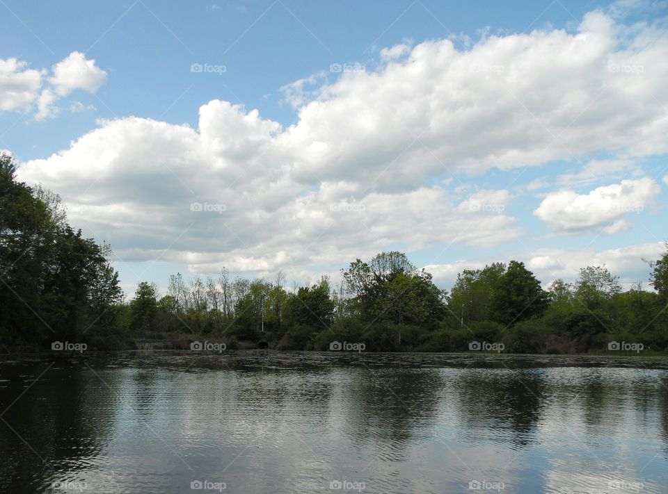 pond, fishing, trolling, sunnyday, clouds, skyscape, blue sky, water view, trees, North Jersey,