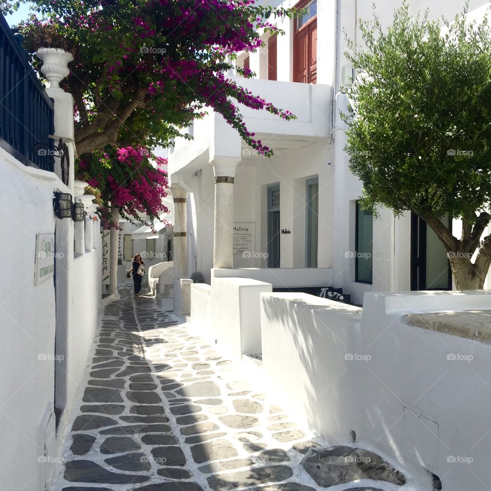 Small street at Mykonos city old town, Greece