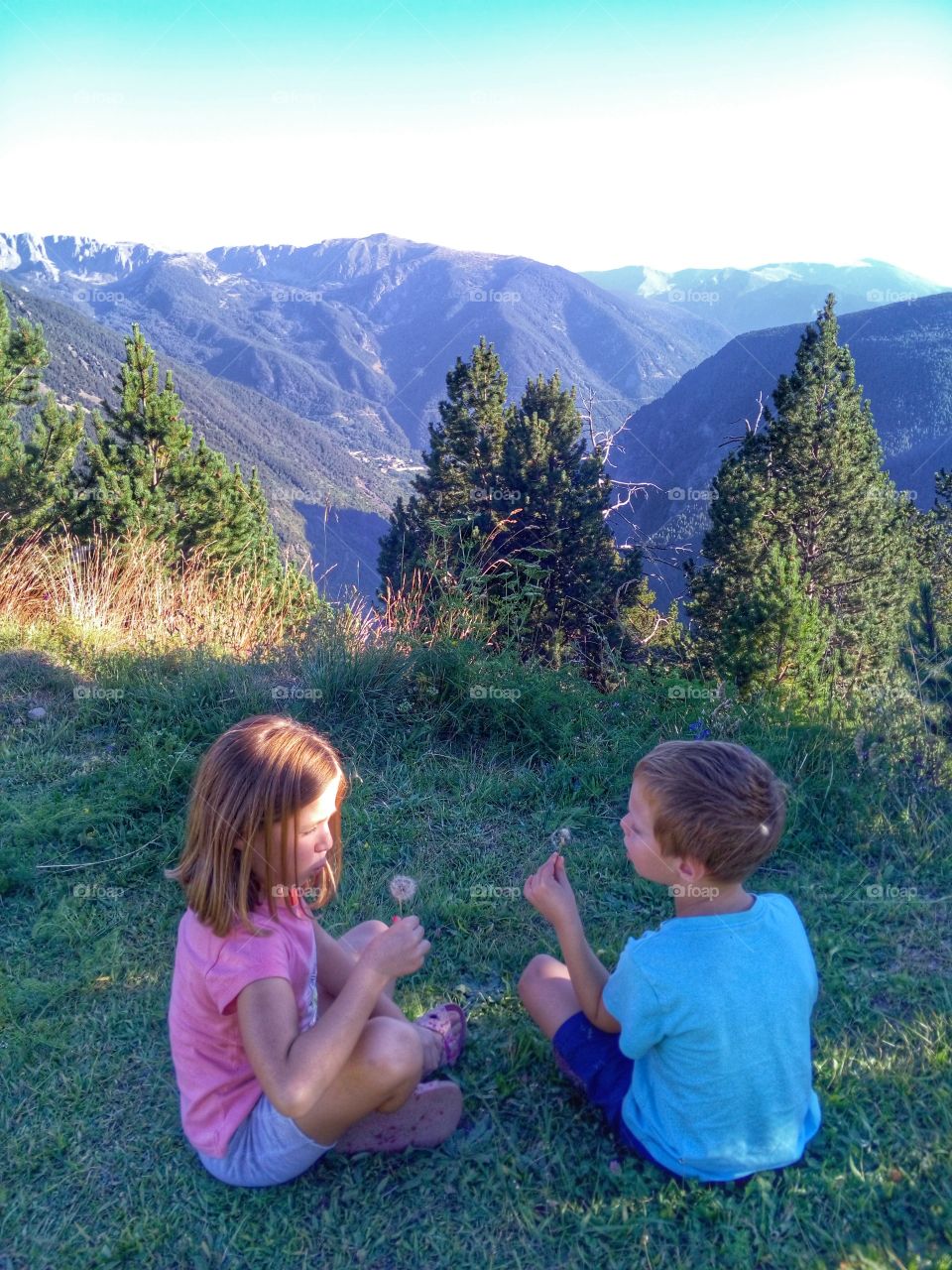 Brother and sister playing with dandelion