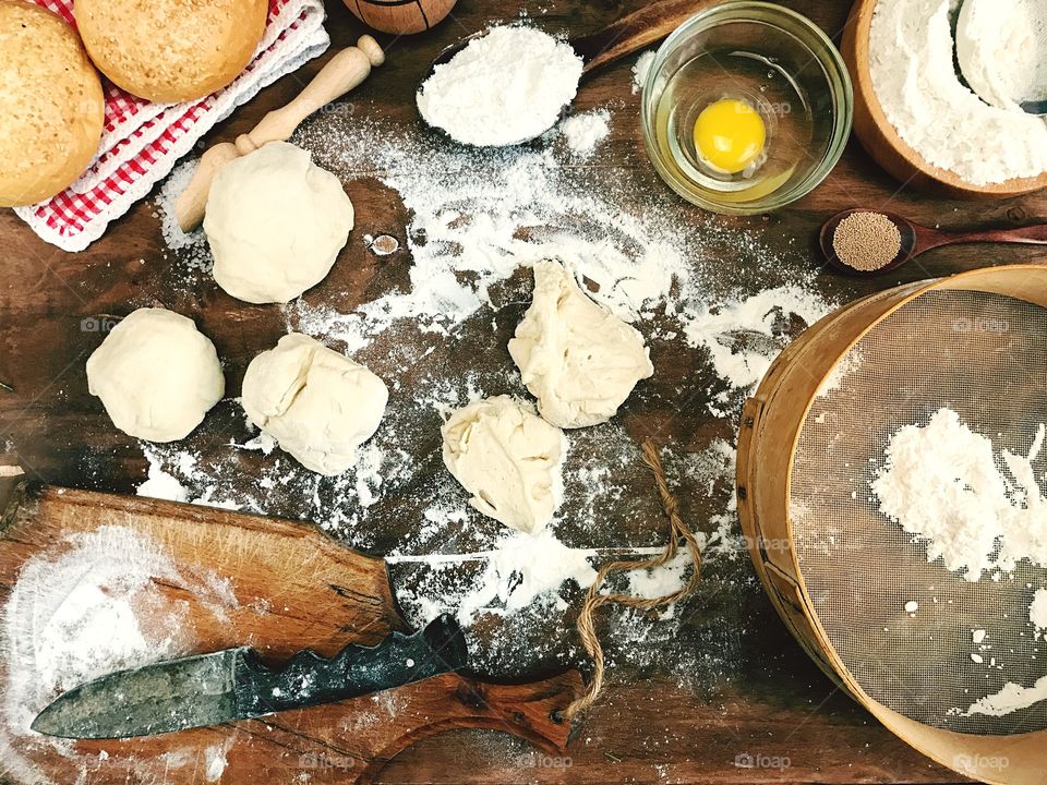 process of yeast buns, around the ingredients for the dough