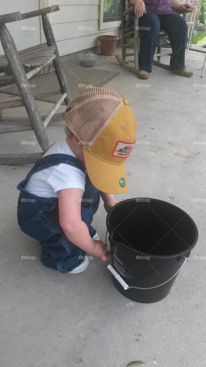 Toddler, bucket, hat, overalls