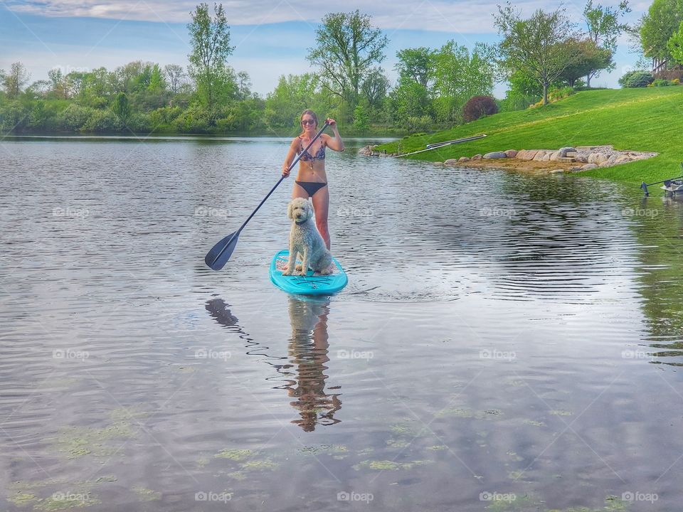 woman in bikini sup with dog