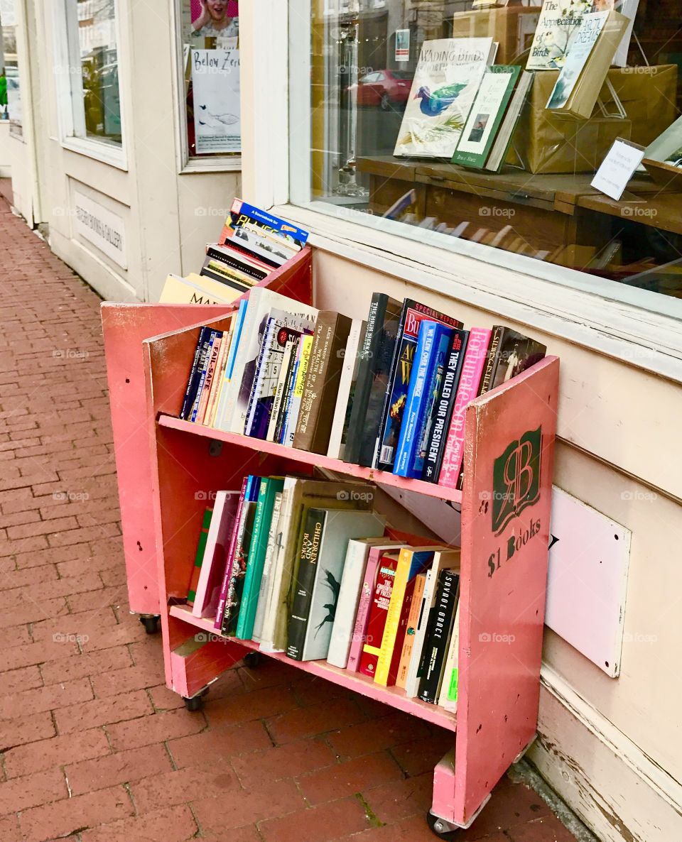 Pink Bookcase on Brick Sidewalk