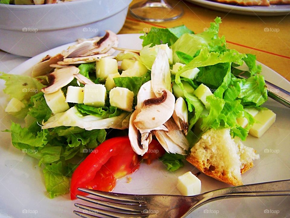 Panzanella: a lovely dish of “bread salad”; al fresco, fork mushrooms mozzarella tomatoes greens 