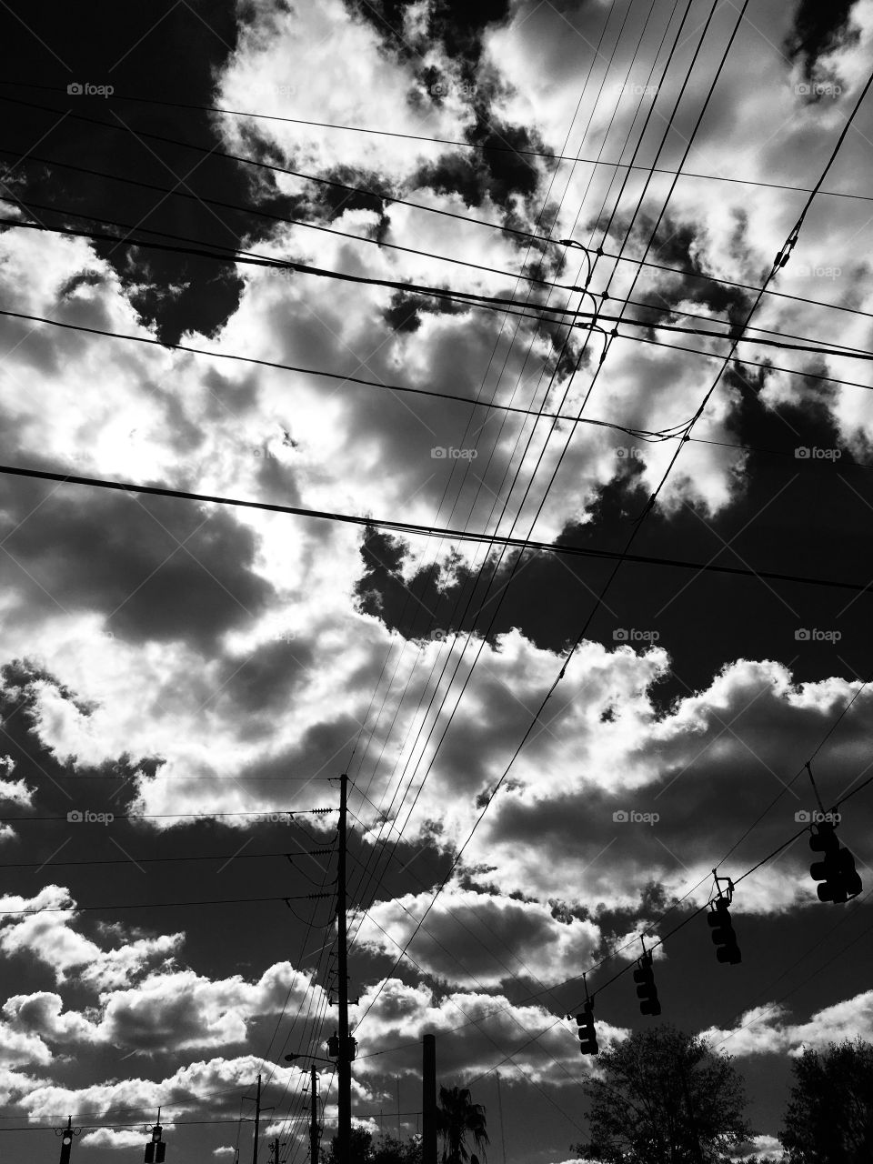 Clouds and power lines in noir et blanc in Florida 