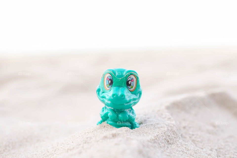 Baby crocodile or baby alligator toy isolated on sand with abstract beach background