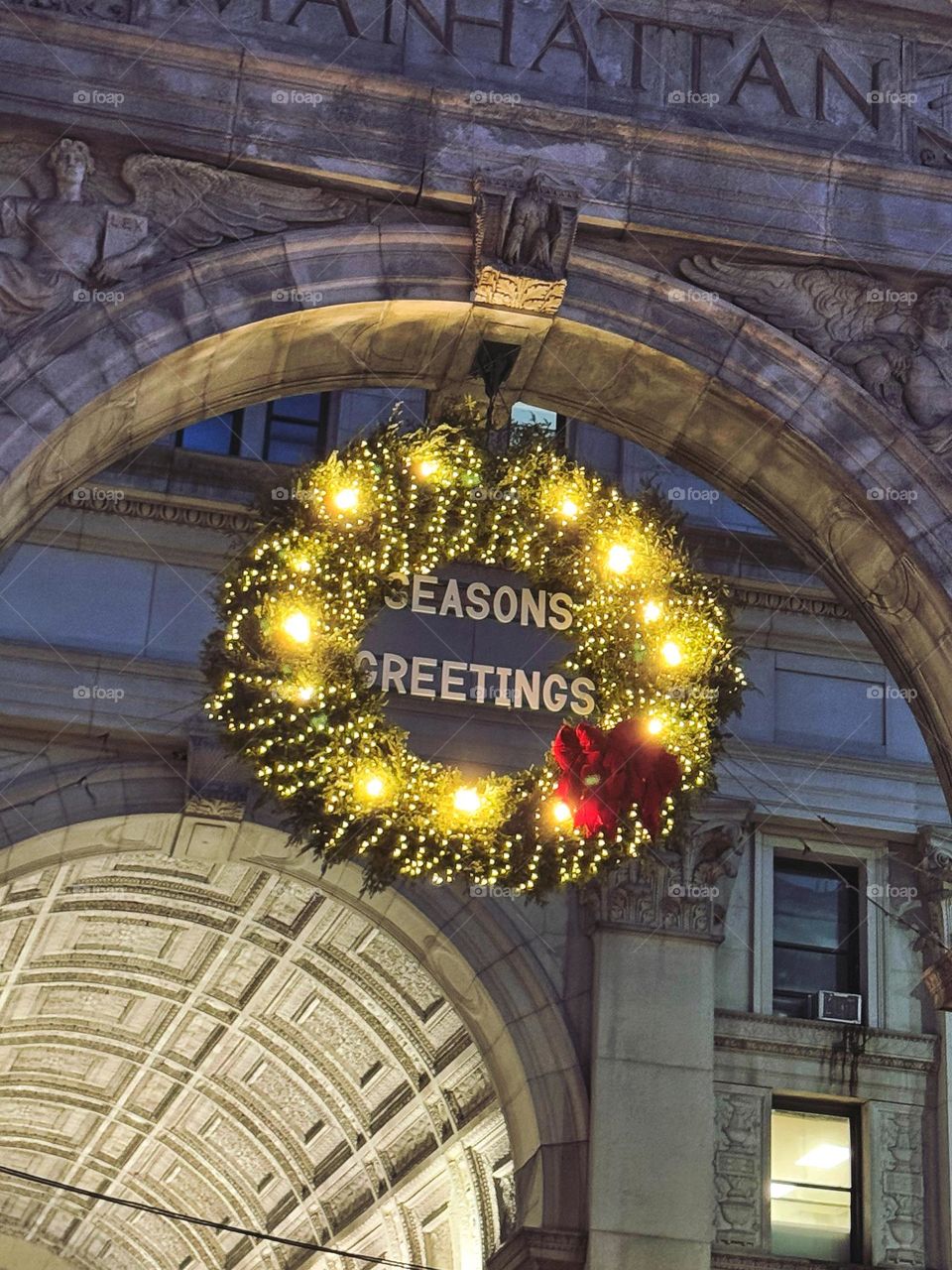 Christmas wreath at city hall, New York City 