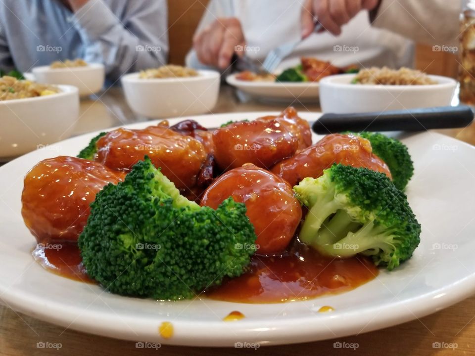 Chinese restaurant..General tso chicken with broccoli