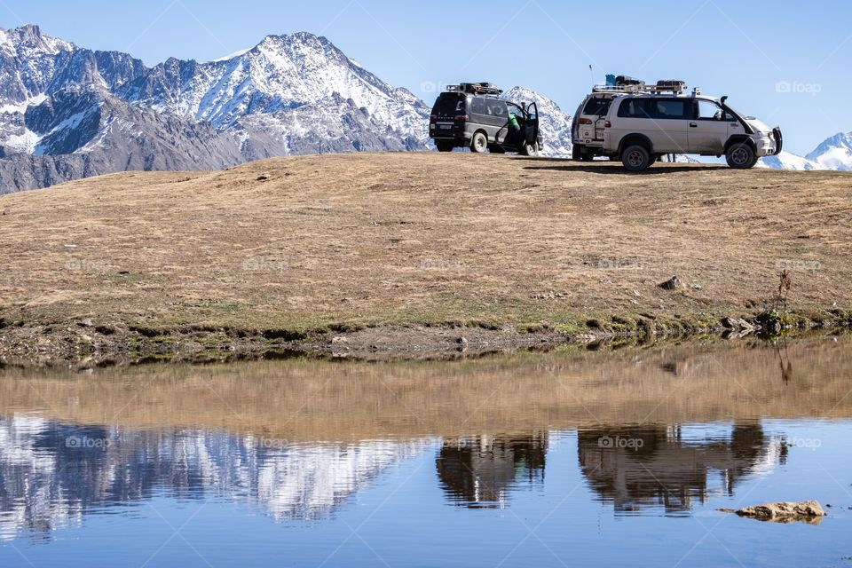 Beautiful reflection in Koruldi lake at the foot of Caucasus mountain , Georgia new landmark for tourists 