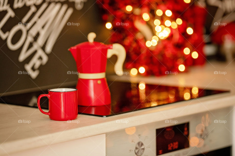 cup of coffee in a cozy festive Christmas atmosphere