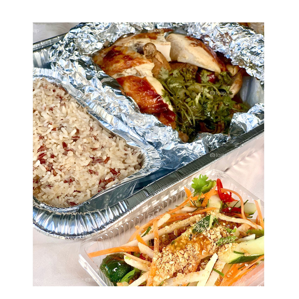 Honey ginseng roasted chicken with fragrant rice and acar