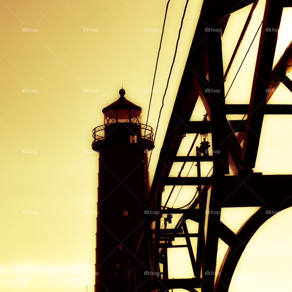 Lighthouse, Light, Sunset, Monochrome, Bridge