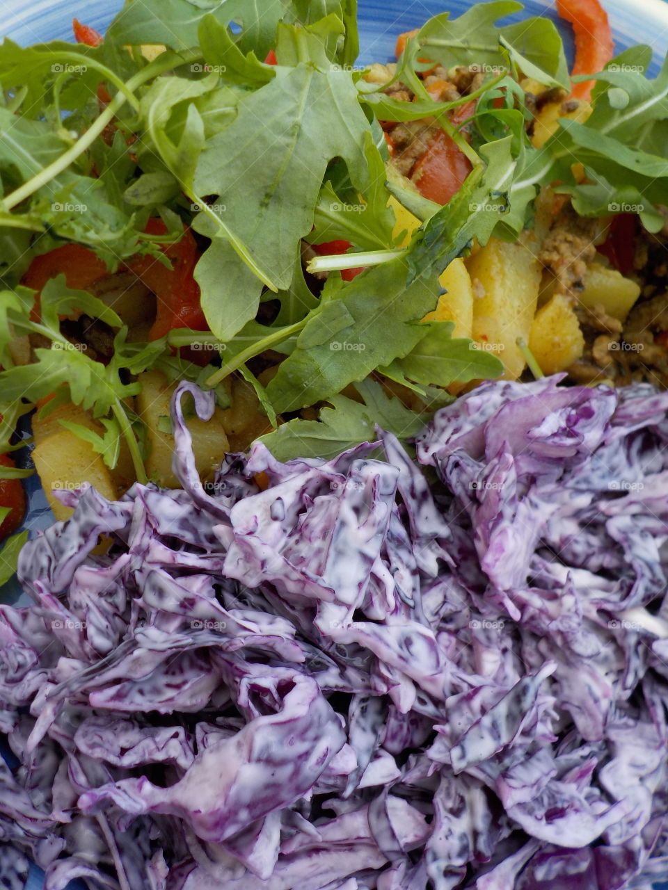 Cottage pie with purple cabbage and rocket 