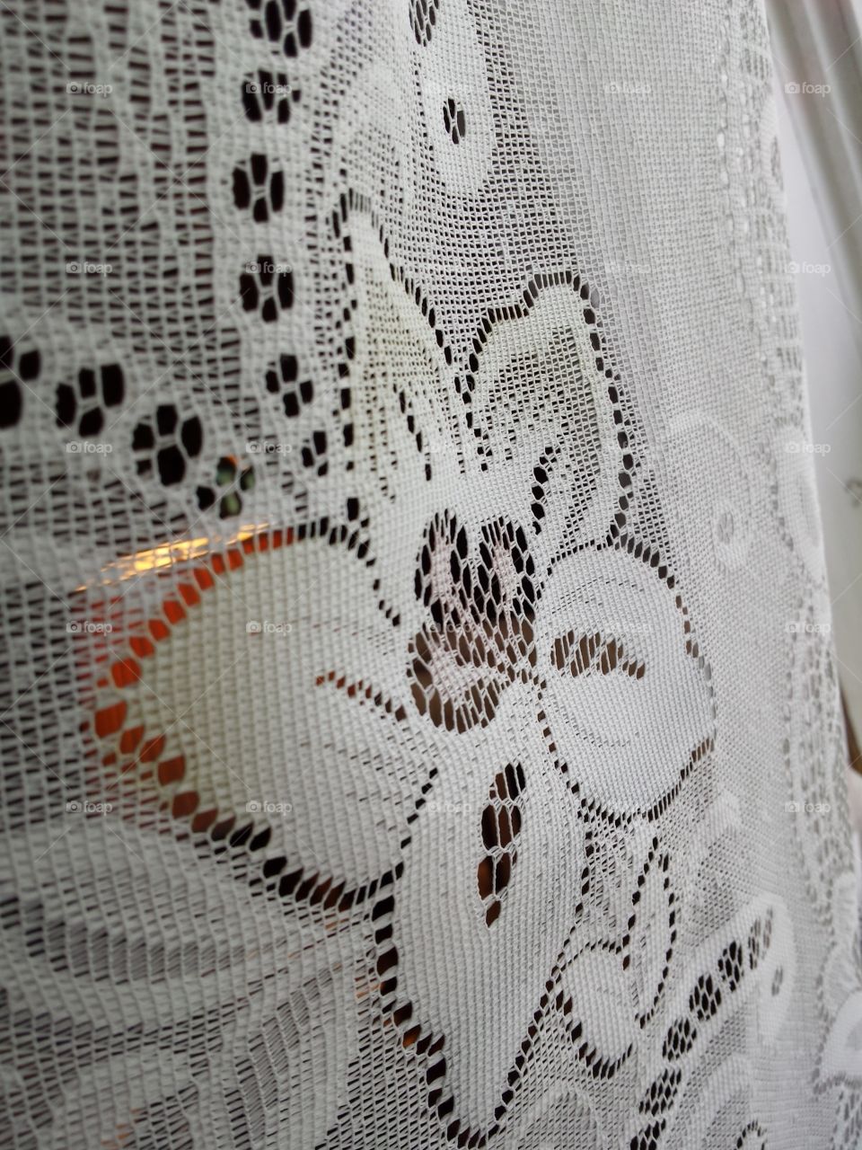 Lace curtain with flower design.