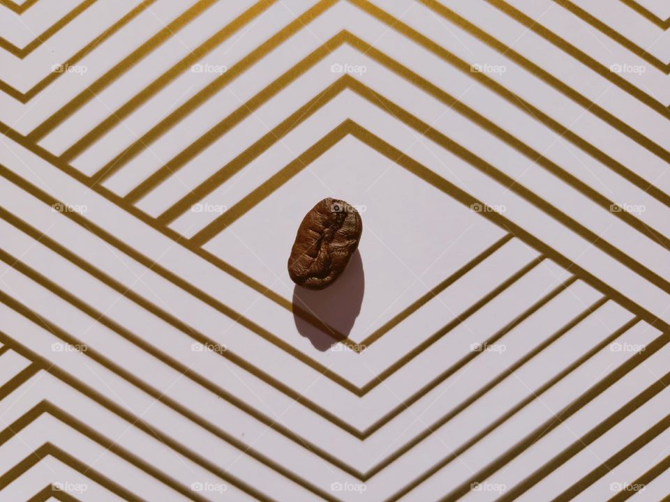 Creative flatlay of a singular coffee bean half on a white surface with golden lines.