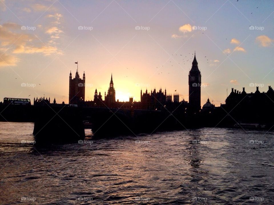 Sun setting over London.