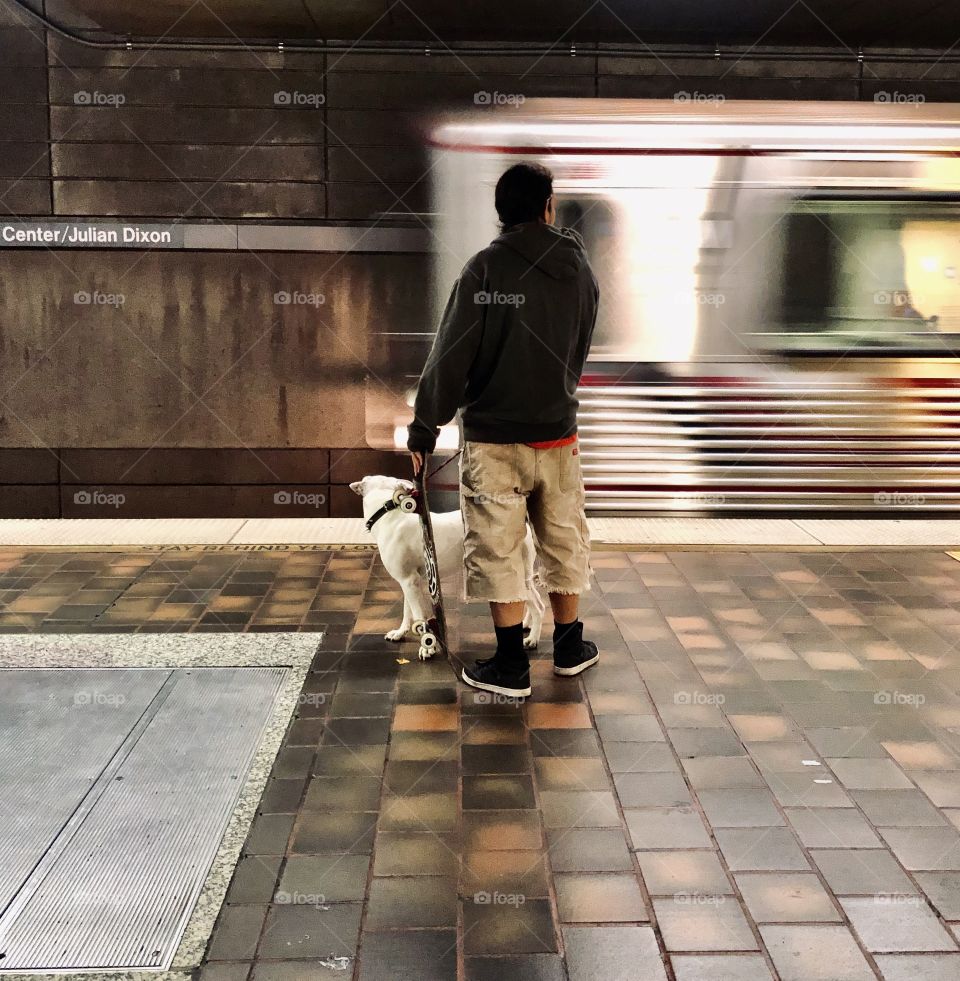 Man with skateboard and dog wait patiently as subway train is pulling in to the platform.  Los Angeles CA 6.12.2020