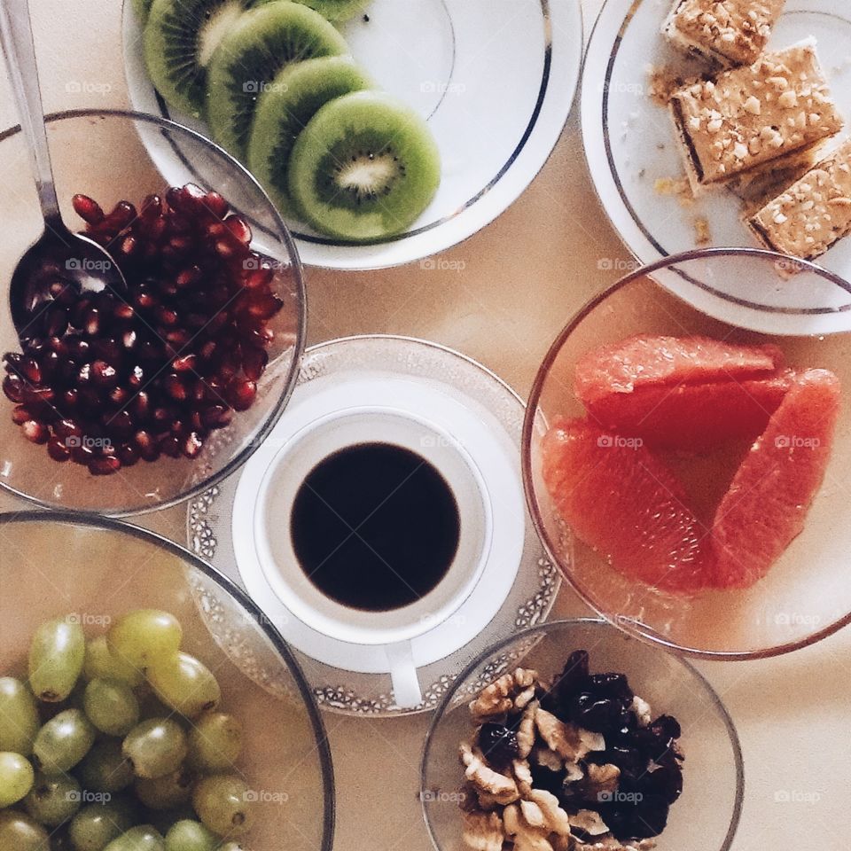 Fruits and coffee. Fruits and coffee