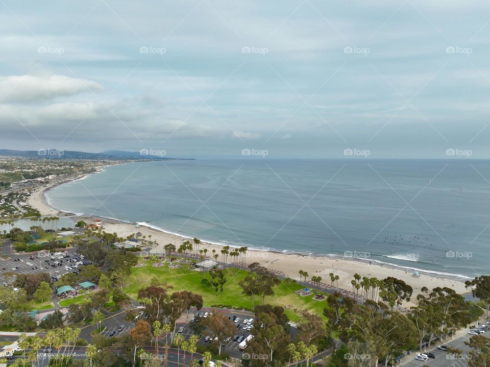 The beautiful coastline of Southern California in Laguna Beach as the marine layer lifts off the ocean in the morning 