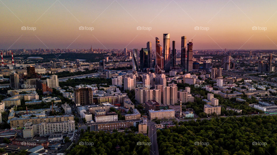 Landscape view of Moscow city towers on sunset 