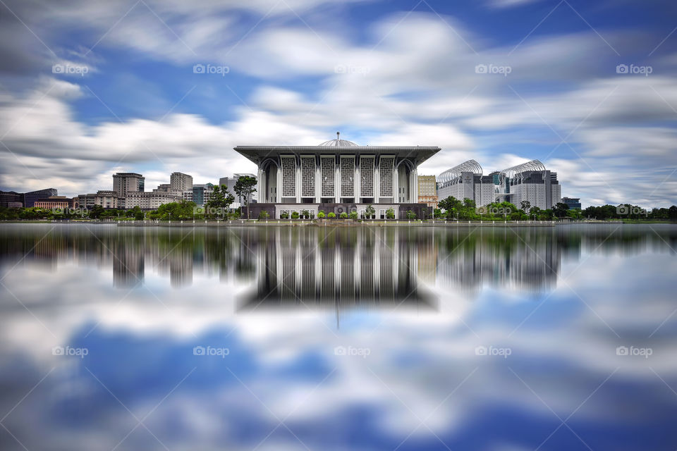 Beautiful reflections of Sultan Mizan mosque in Putrajaya Malaysia