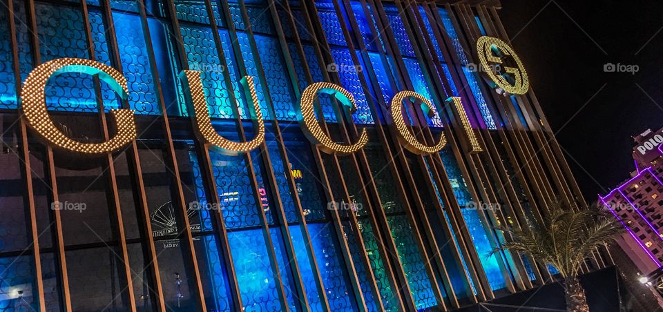 Gucci storefront at night.  Las Vegas strip.  