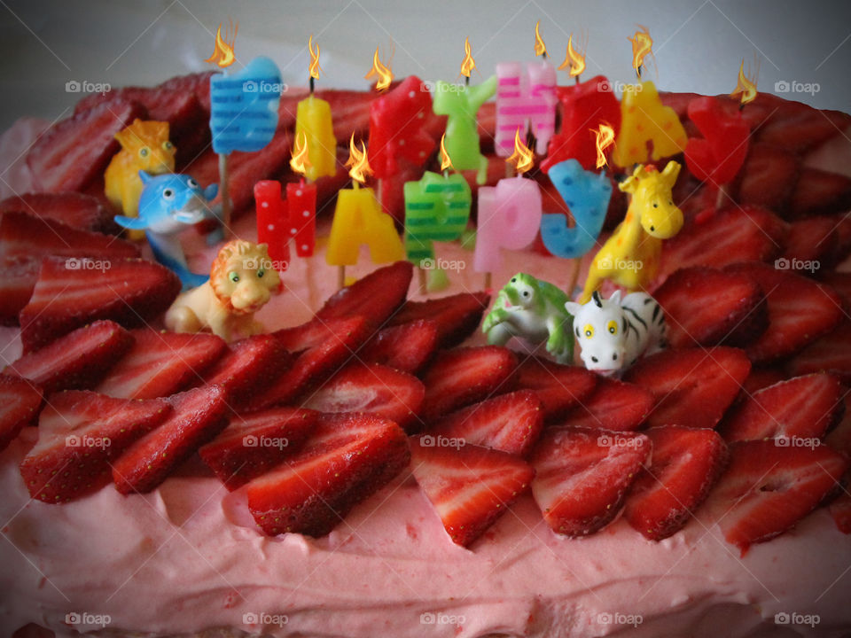 Homemade strawberry ice cream cake with strawberry gelatin whip topping and cookie crumble and the gelatin whip in between the layers. Decorated with desktop lit Happy Birthday candles sliced strawberries and toy animals for the kids!