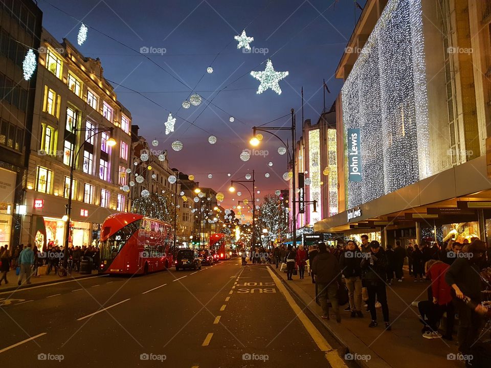 The amazing sunset together with Christmas lights in London.