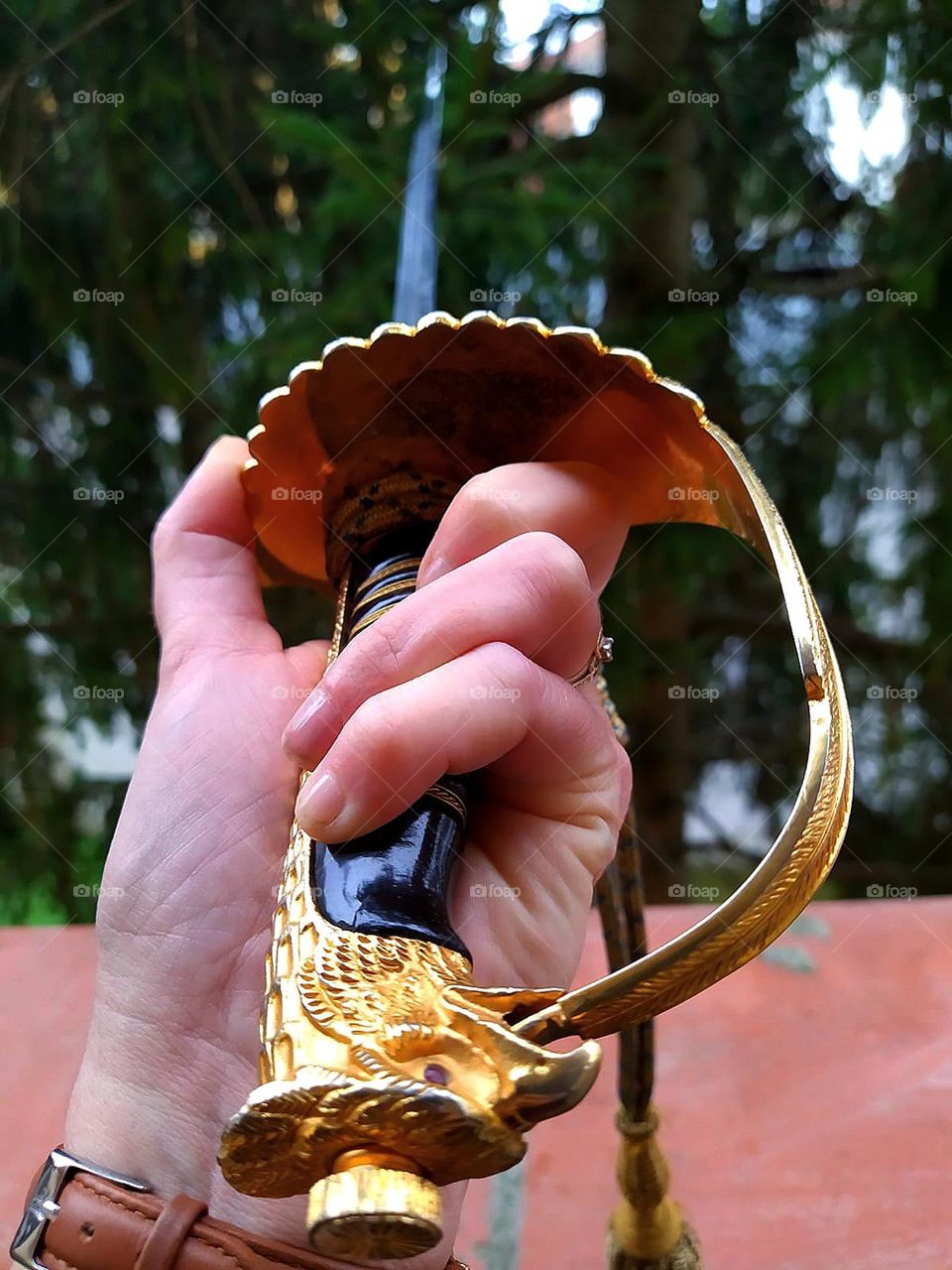Metal. A woman's hand holds the metal hilt of an Italian officer's sword. The metal handle has the shape of a bird, which identifies belonging to military aviation. Ceremonial attribute of Italian military pilots