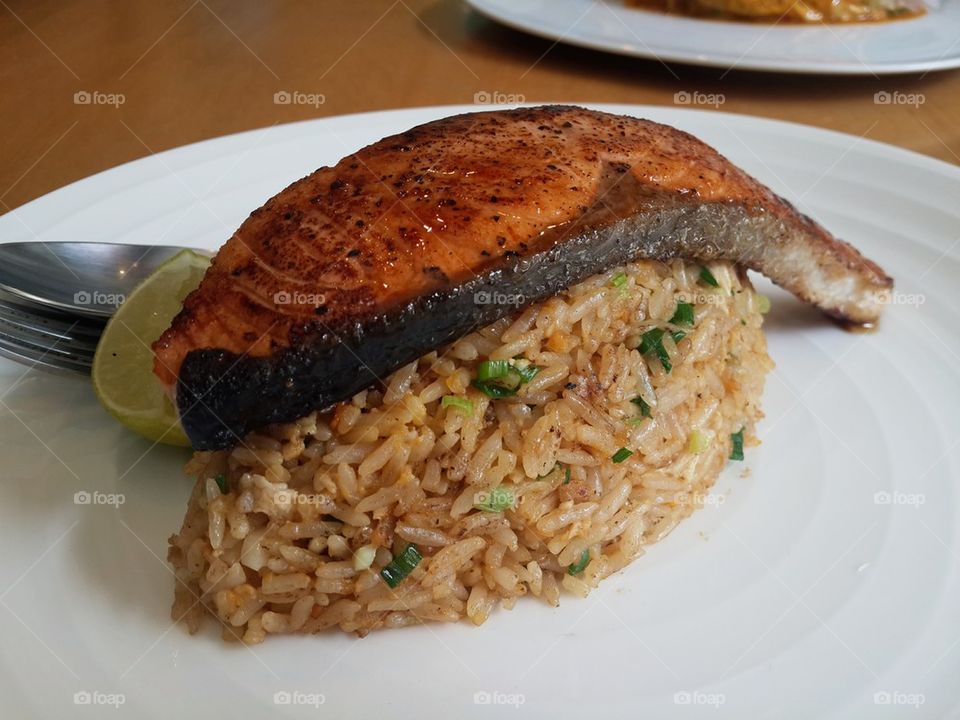Salmon Steak with Fried Rice