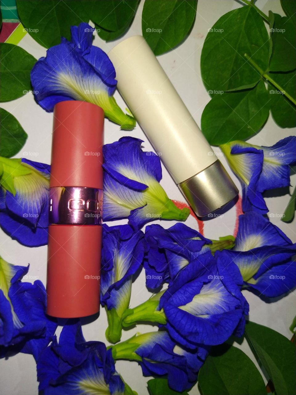 Lipsticks in the middle of fresh blue Asian pigeonwings flowers and green leaves.