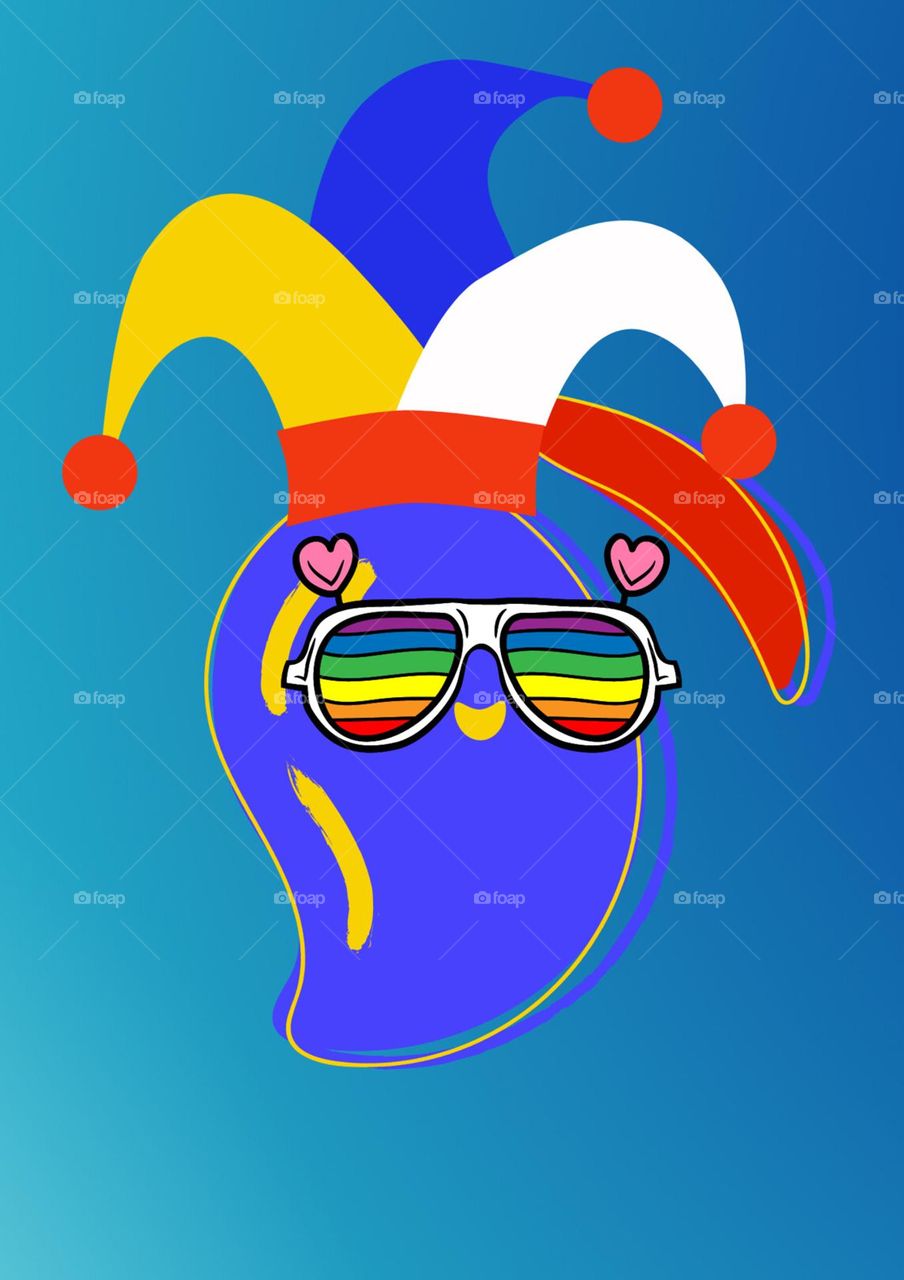 A blue mango with a Jester hat on, wearing rainbow🌈 shades with hearts on them.