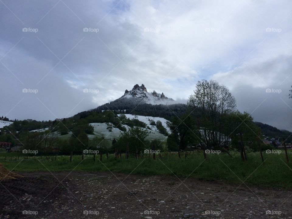 Neige à la mi-mai. Chutes de neige à 1000 m. Dans les Alpes du Nord (France)