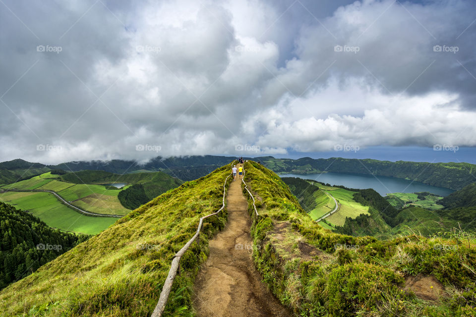 Hiking on the trail Mata di Canario. Miradouro Boca do Inferno with view on Sete    Cidades, Sao Miguel, Azores, Portugal.