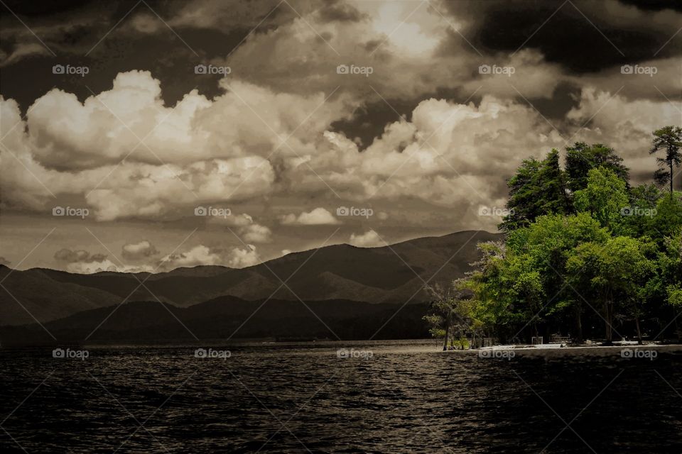 Color pop mountain/lake scene