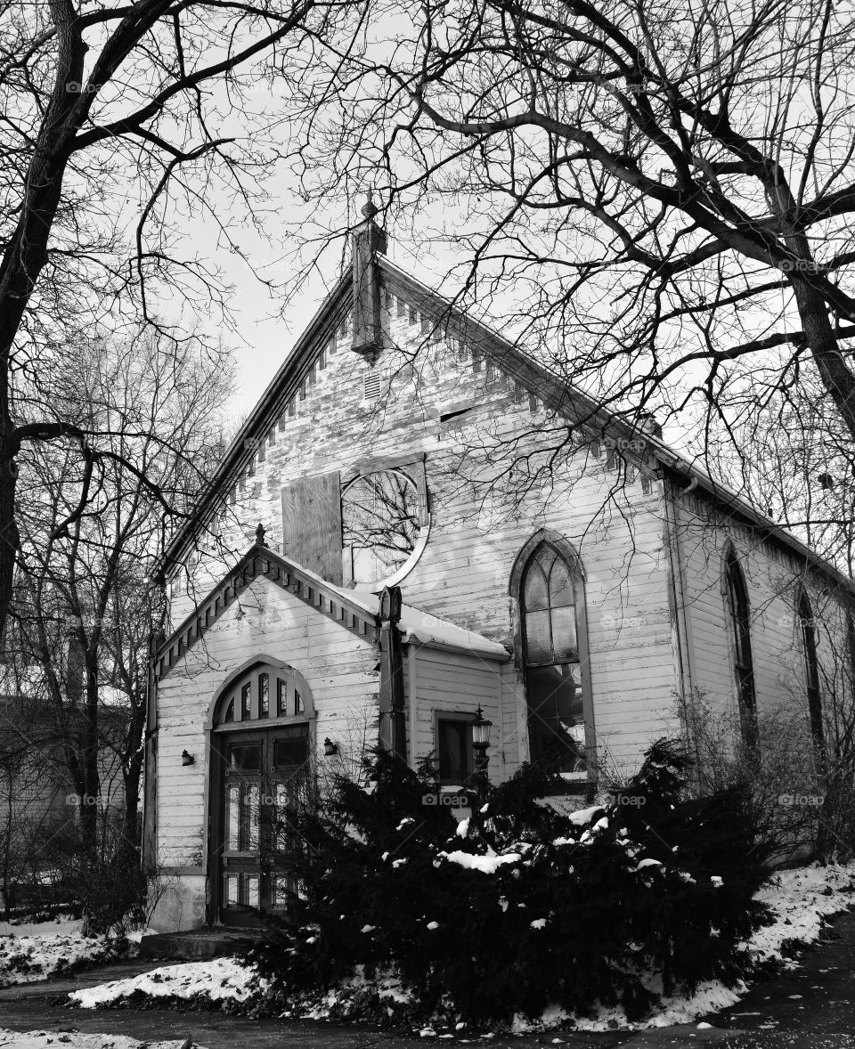 Abandoned church on a winter day