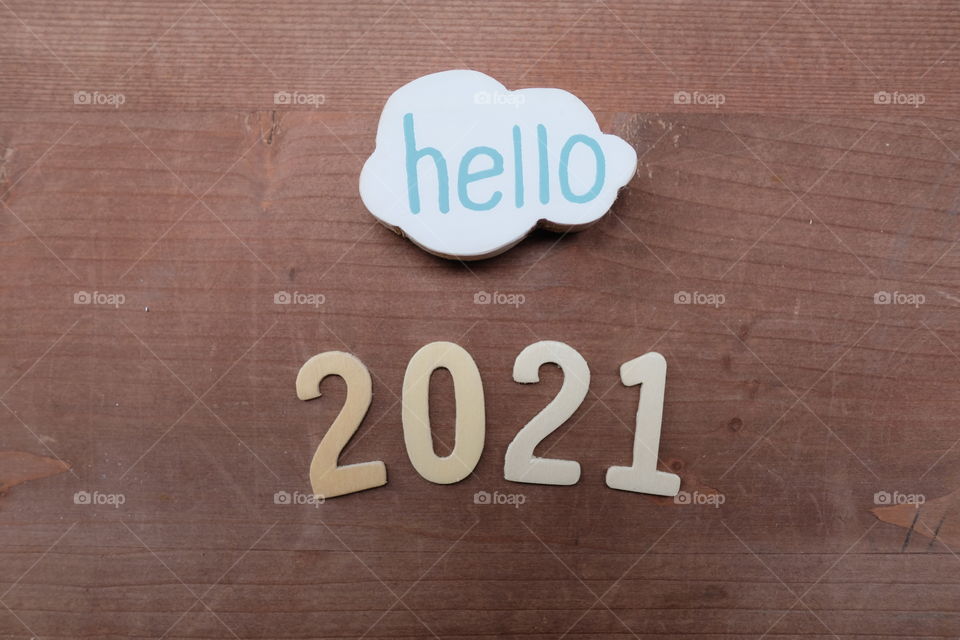 Hello 2021 with a creative wooden composition 